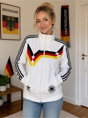 adidas White Track Jacket with Black, Red & Yellow Chevron